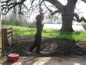 Busy active kids can eat a lot of food! Rusty enjoys the slackline Casey set up on our porch. A great spring activity.