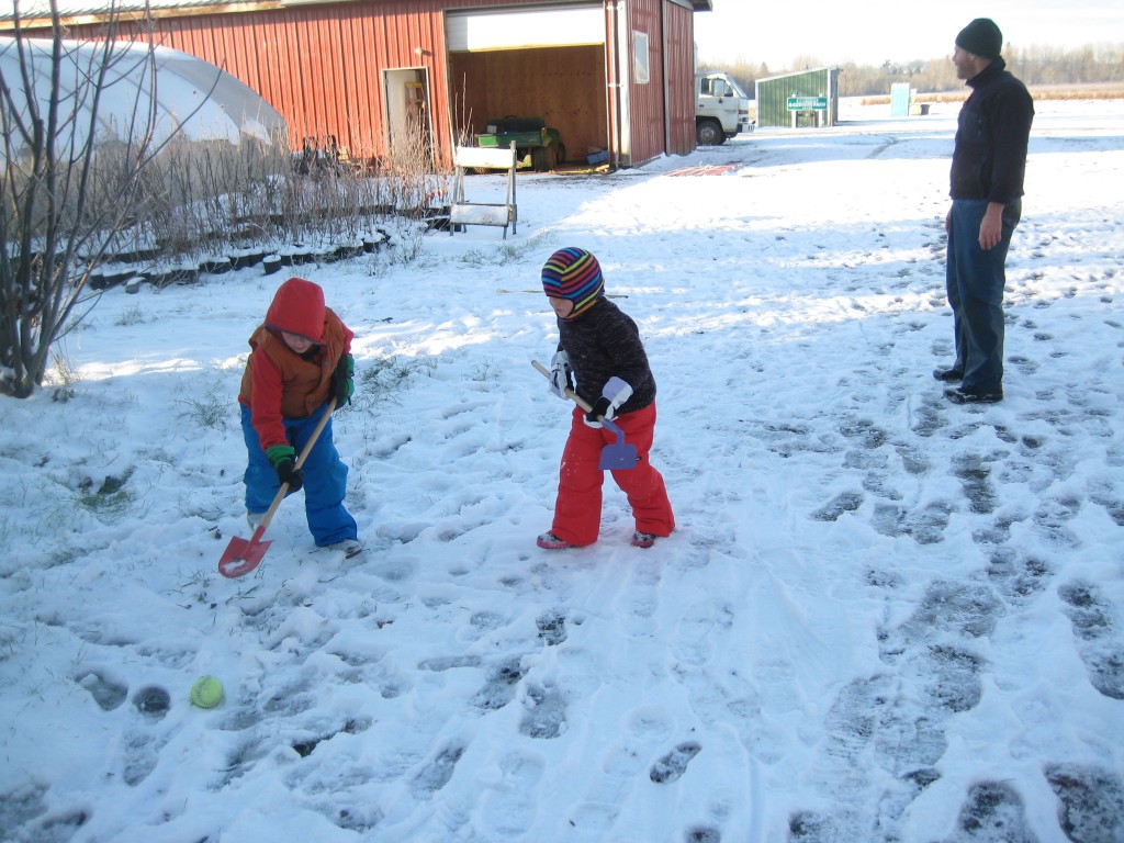 Casey invented a new game to play during morning P.E.: farm snow hockey!