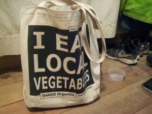 Tote bag holding library books, sitting in our living room RIGHT NOW!